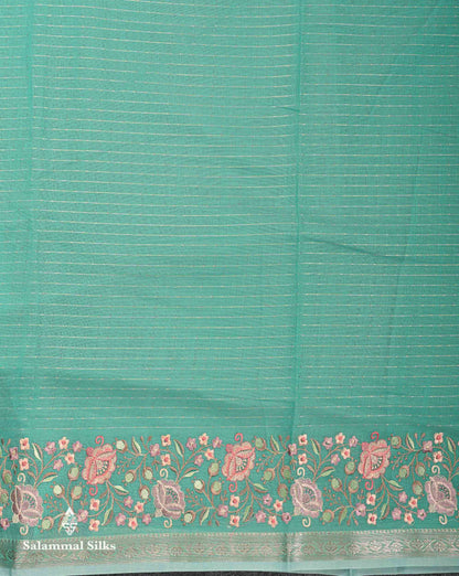 Beautiful Pastel Blue Zari Lines Cotton Mix Fancy Saree With Embroidery Floral Design & Small Zari Border