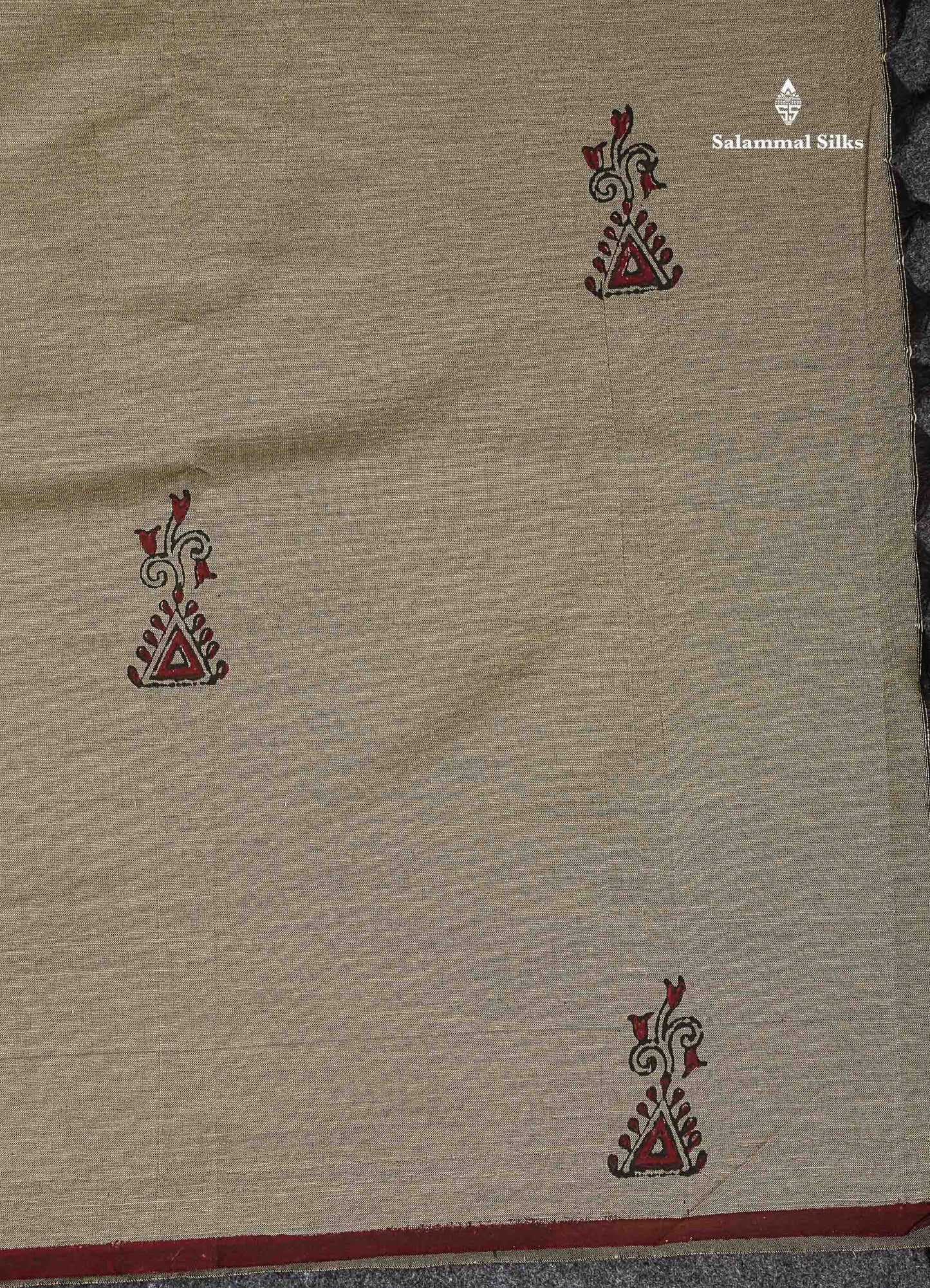 South Cotton Saree - Grey Sandal Printed Saree With Contrast Maroon Blouse
