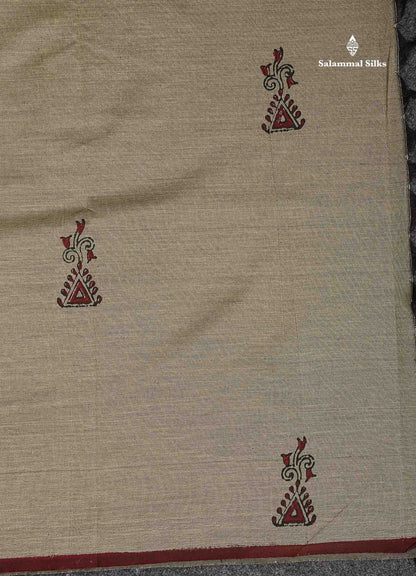 South Cotton Saree - Grey Sandal Printed Saree With Contrast Maroon Blouse
