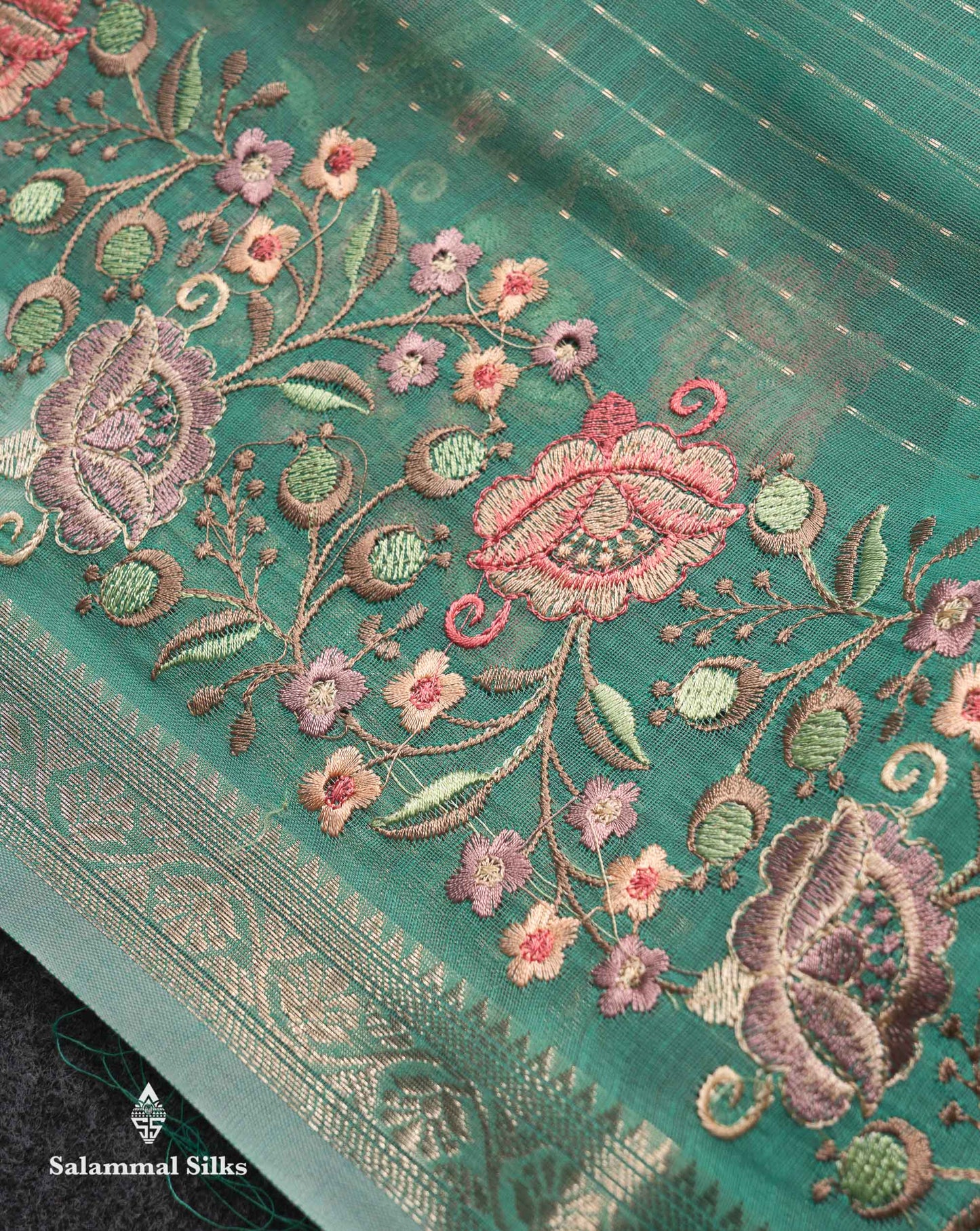 Beautiful Pastel Blue Zari Lines Cotton Mix Fancy Saree With Embroidery Floral Design & Small Zari Border