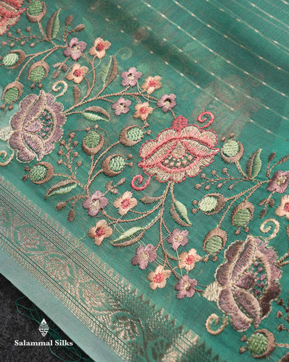 Beautiful Pastel Blue Zari Lines Cotton Mix Fancy Saree With Embroidery Floral Design & Small Zari Border