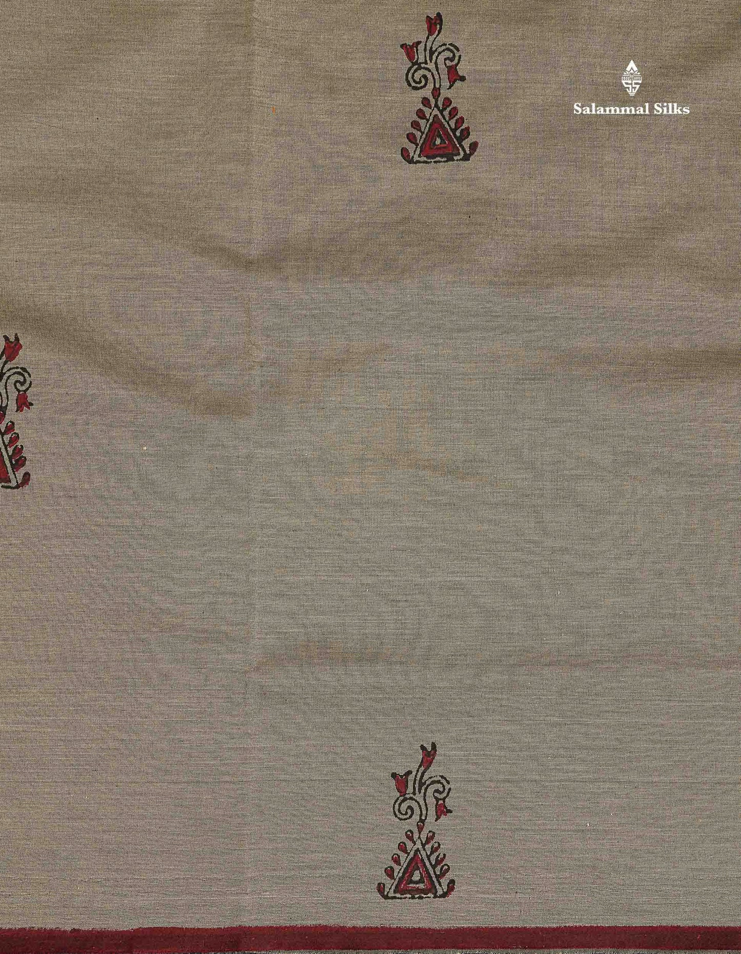 South Cotton Saree - Grey Sandal Printed Saree With Contrast Maroon Blouse