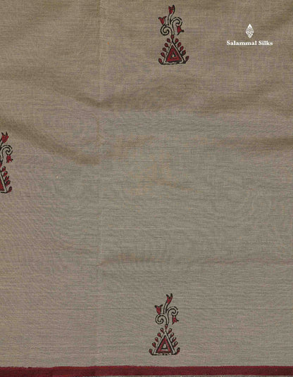 South Cotton Saree - Grey Sandal Printed Saree With Contrast Maroon Blouse