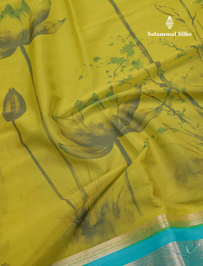 Manthulir Yellow Semi Mysore Crepe Saree With Contrast Sapphire Blue Long Gap Border