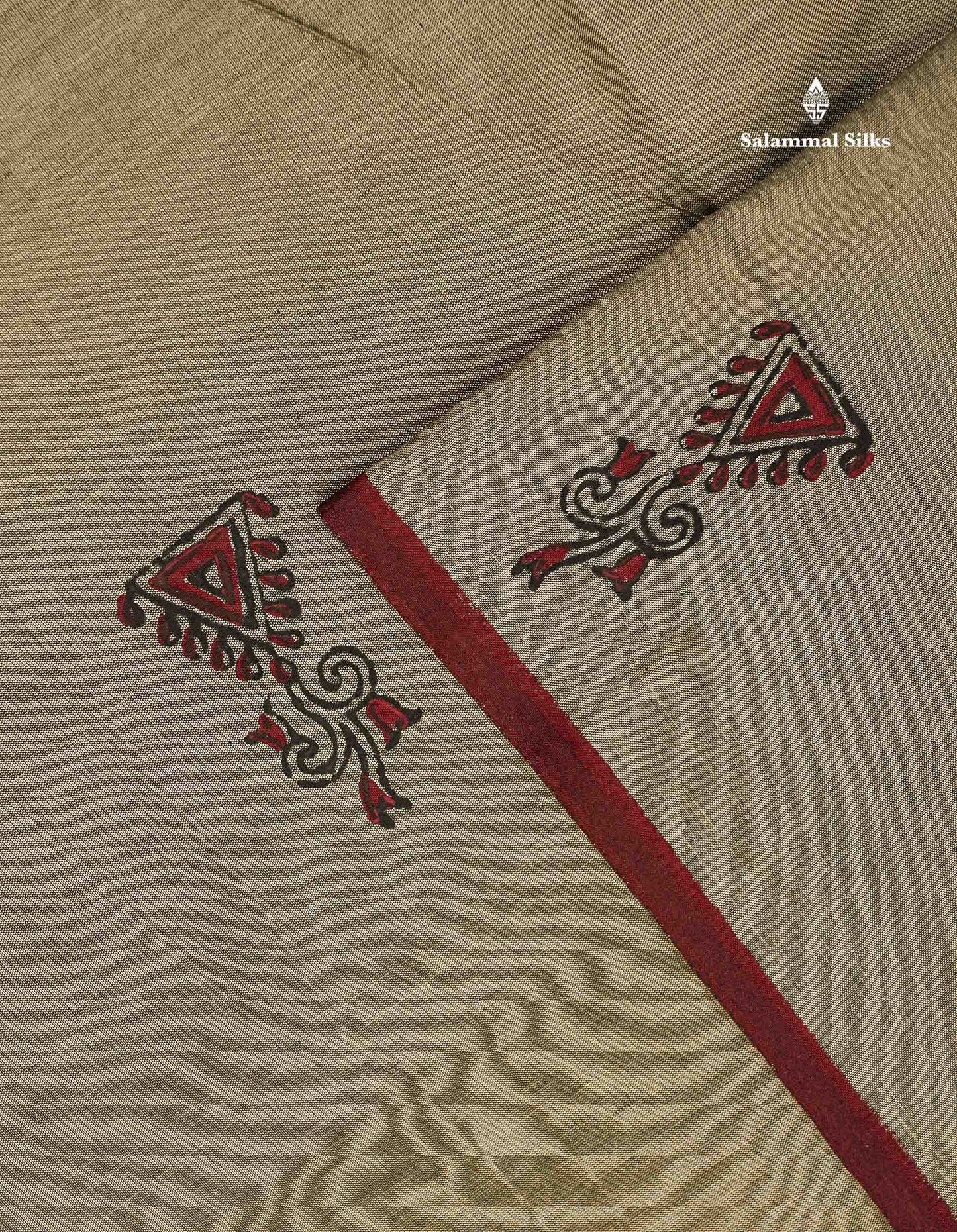 South Cotton Saree - Grey Sandal Printed Saree With Contrast Maroon Blouse