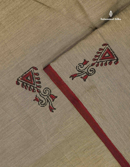 South Cotton Saree - Grey Sandal Printed Saree With Contrast Maroon Blouse