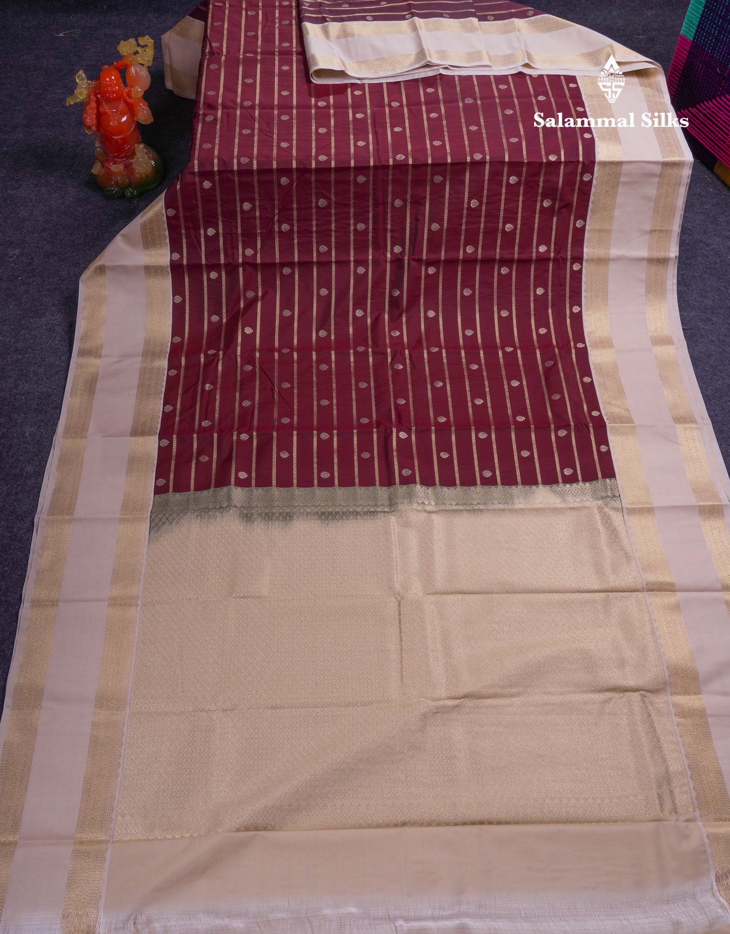 Beautiful Dark Brown Semi Silk Saree With Contrast Cream Sandal Traditional Rettapet Border
