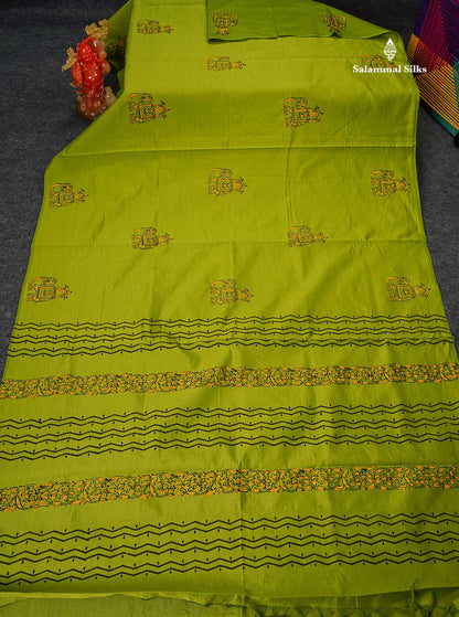 South Cotton Saree - Parrot Green Printed Saree With Contrast Black Blouse