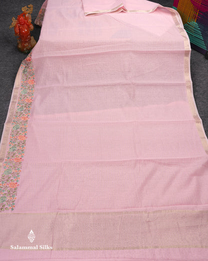 Beautiful Pastel Blue Zari Lines Cotton Mix Fancy Saree With Embroidery Floral Design & Small Zari Border