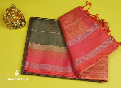 Beautiful Sea Green Pure Kanjivaram Soft Silk Saree With Contrast Pinkish Orange Border