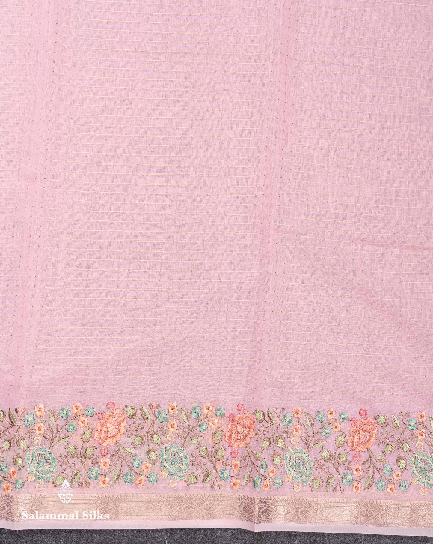 Beautiful Pastel Blue Zari Lines Cotton Mix Fancy Saree With Embroidery Floral Design & Small Zari Border