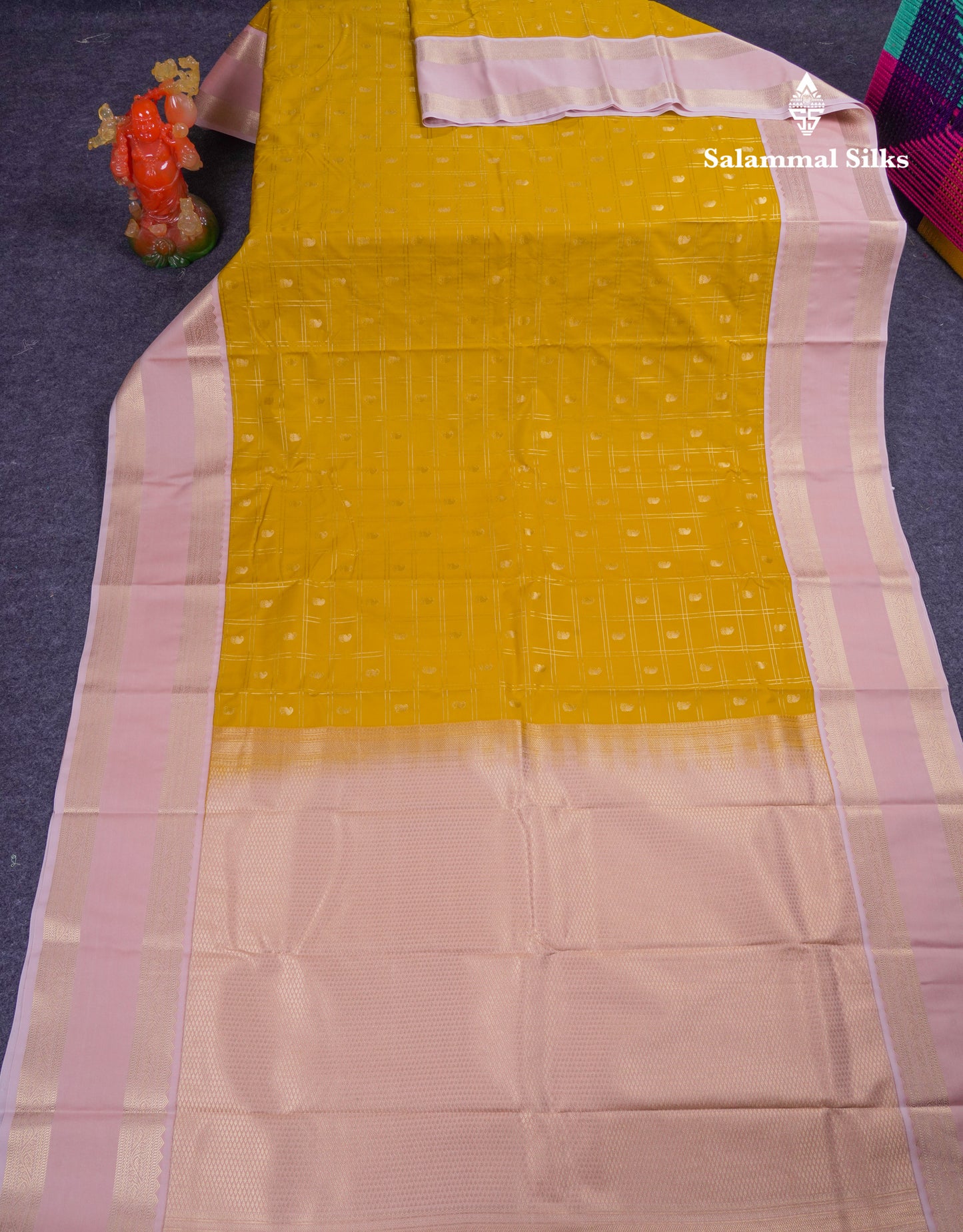Beautiful Yellow Checks With Buttta Semi Silk Saree With Contrast Peach Traditional Rettapet Border
