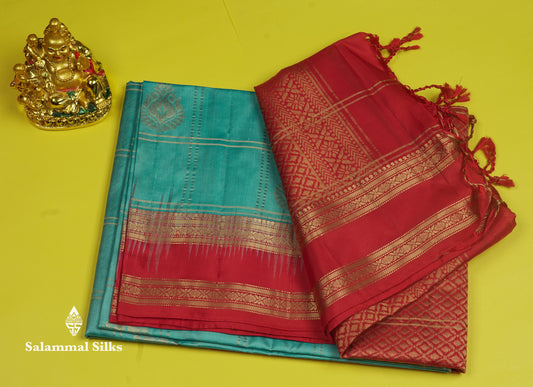 Beautiful Blue Pure Kanjivaram Soft Silk Saree With Contrast Red Traditional Border