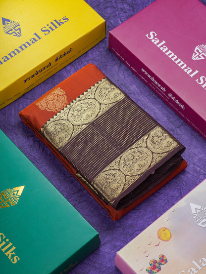 Rust Orange Pure Kanjivaram Silk Saree With Contrast Brown Traditional Evening Morning Border