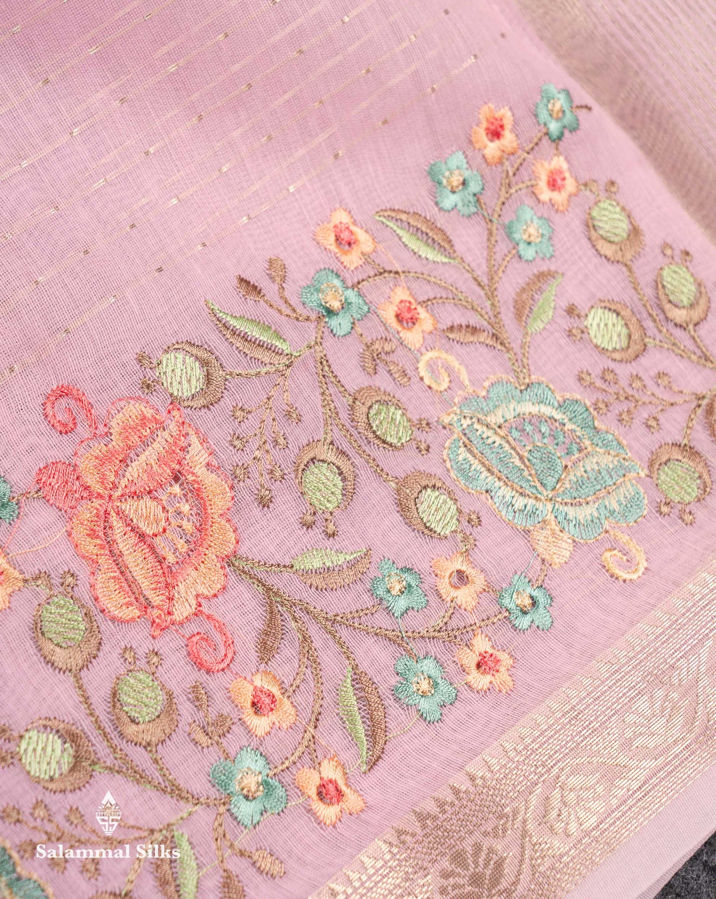 Beautiful Pastel Blue Zari Lines Cotton Mix Fancy Saree With Embroidery Floral Design & Small Zari Border
