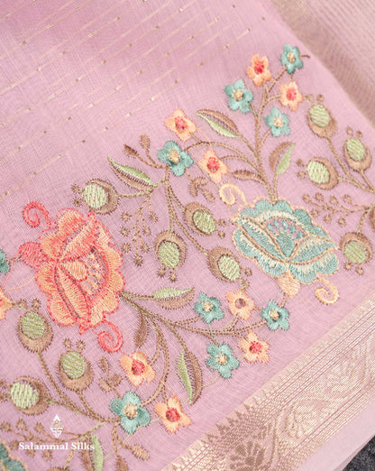 Beautiful Pastel Blue Zari Lines Cotton Mix Fancy Saree With Embroidery Floral Design & Small Zari Border