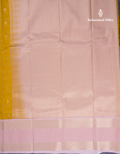 Beautiful Yellow Checks With Buttta Semi Silk Saree With Contrast Peach Traditional Rettapet Border