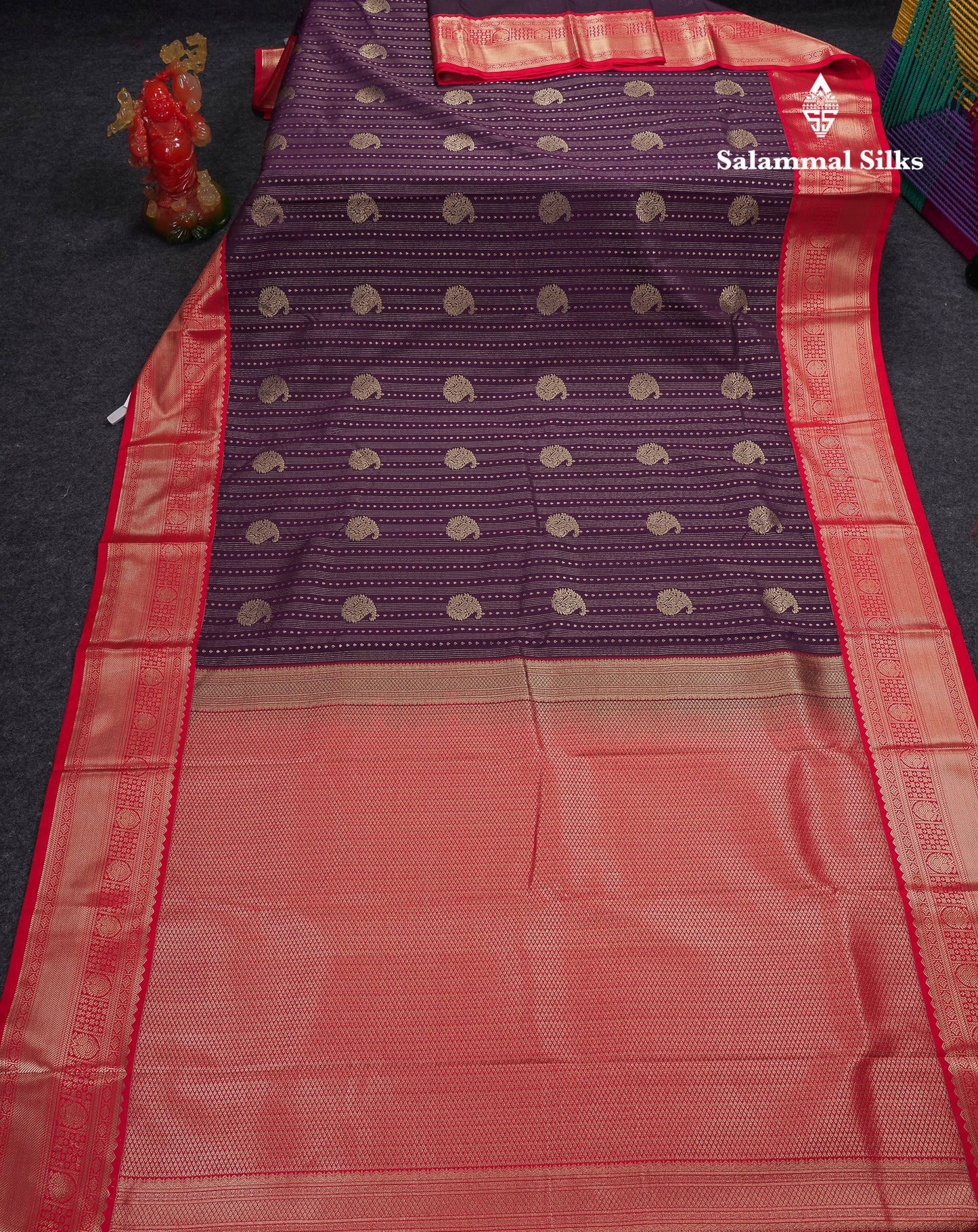 Beautiful Dark Violet Semi Silk Saree With Contrast Chilly Red Traditional Border