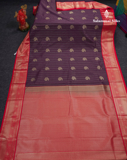 Beautiful Dark Violet Semi Silk Saree With Contrast Chilly Red Traditional Border