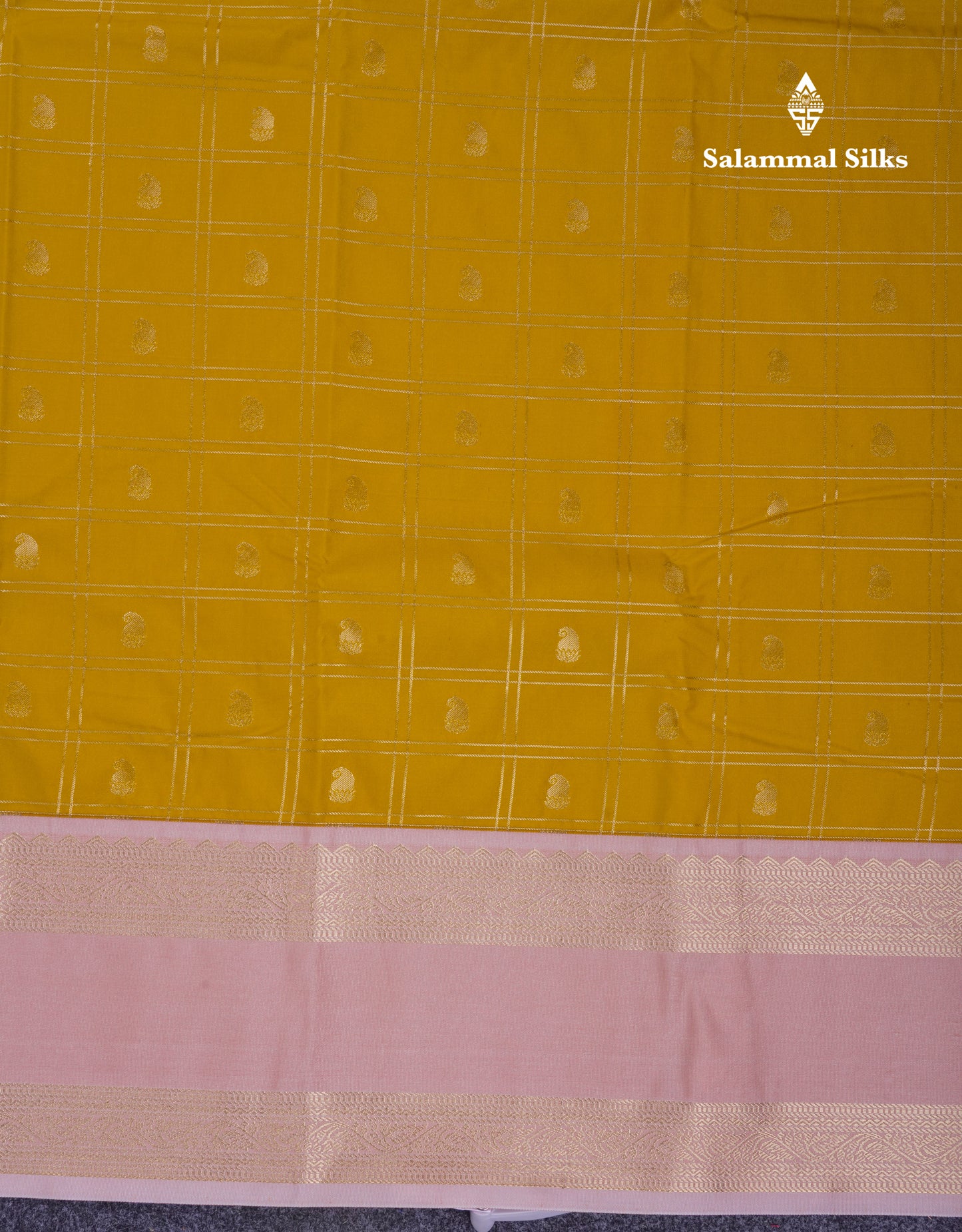Beautiful Yellow Checks With Buttta Semi Silk Saree With Contrast Peach Traditional Rettapet Border