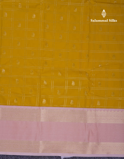 Beautiful Yellow Checks With Buttta Semi Silk Saree With Contrast Peach Traditional Rettapet Border