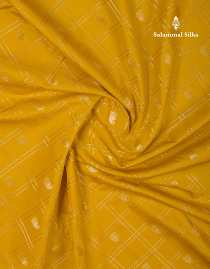 Beautiful Yellow Checks With Buttta Semi Silk Saree With Contrast Peach Traditional Rettapet Border