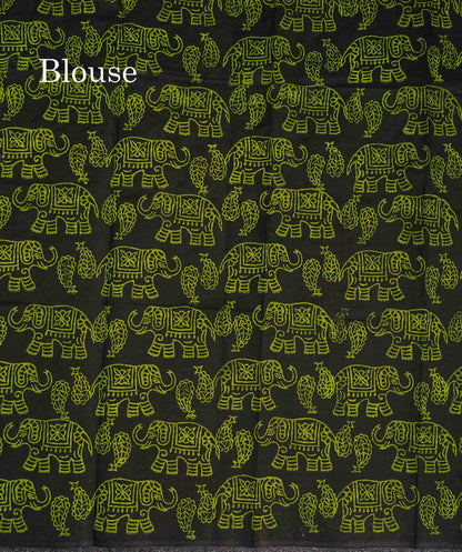South Cotton Saree - Parrot Green Printed Saree With Contrast Black Blouse