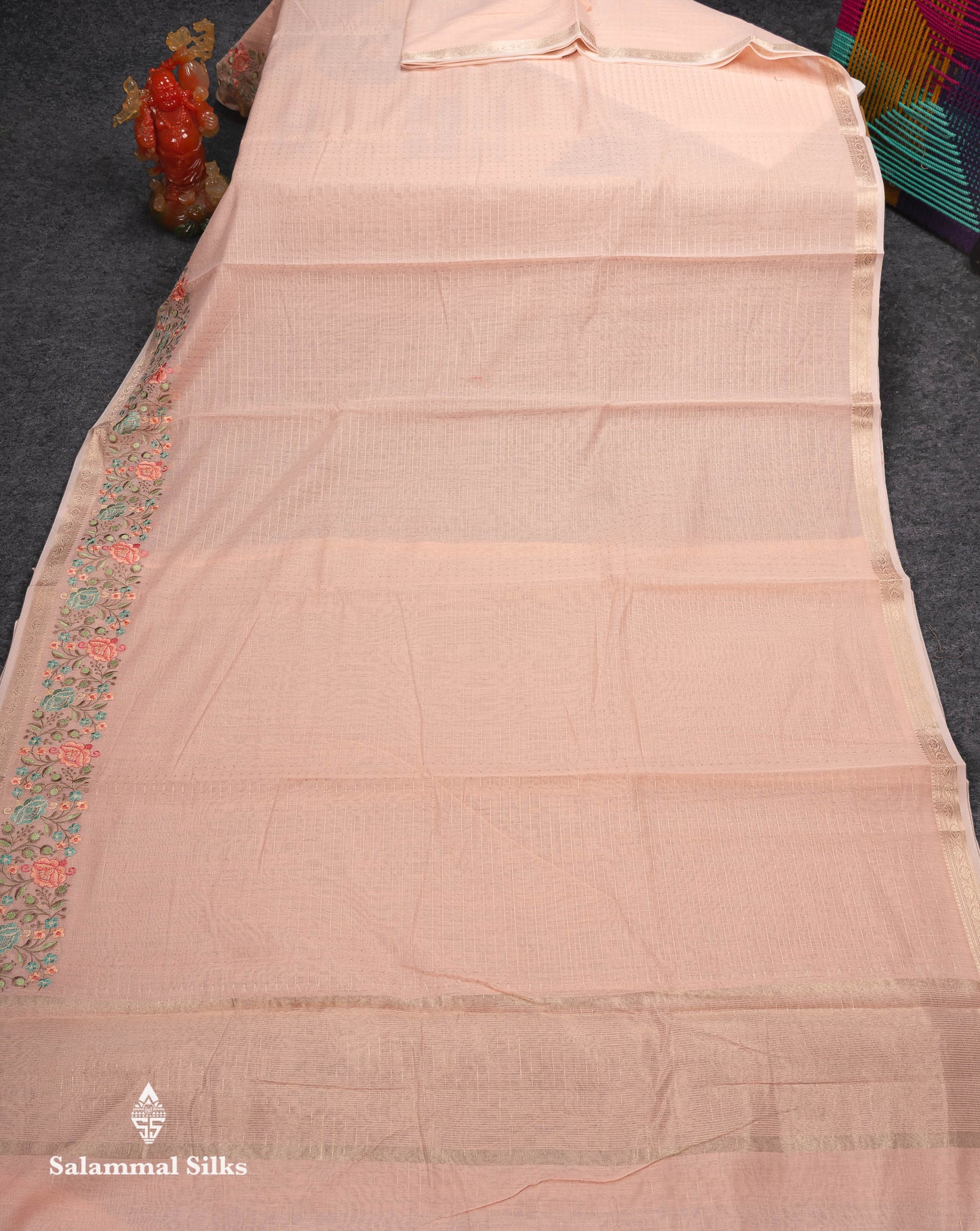 Beautiful Pastel Blue Zari Lines Cotton Mix Fancy Saree With Embroidery Floral Design & Small Zari Border