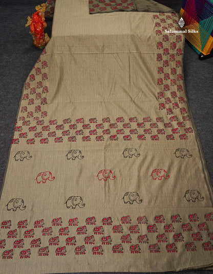 South Cotton Saree - Grey Sandal Printed Saree With Contrast Tomato Red Blouse