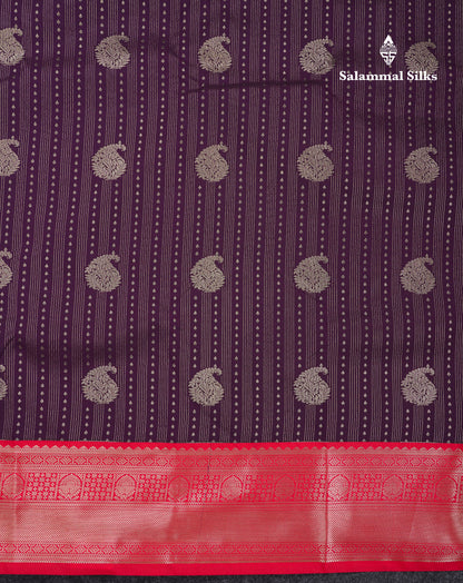 Beautiful Dark Violet Semi Silk Saree With Contrast Chilly Red Traditional Border