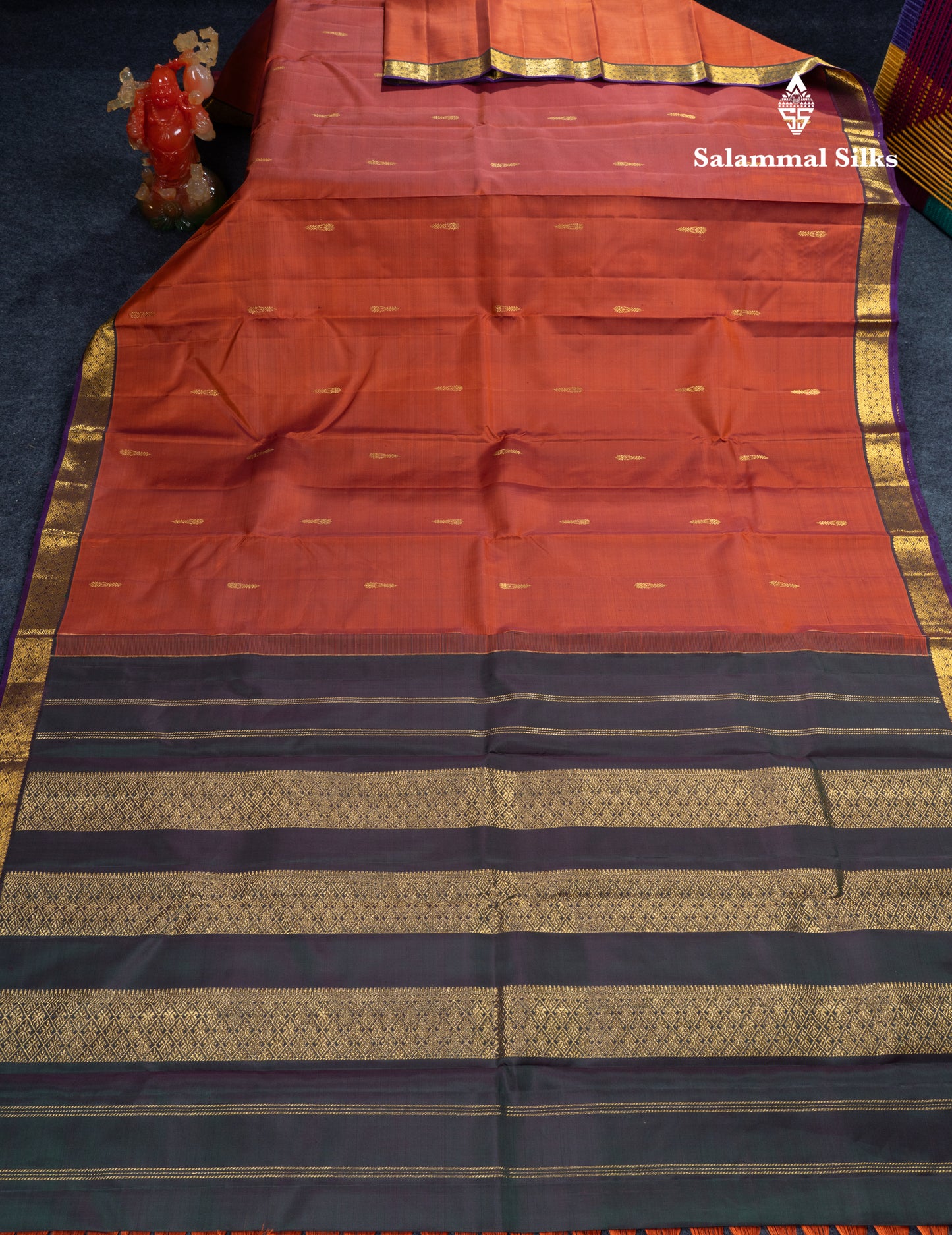 Rust Orange Pure Kanjivaram Silk Saree With Contrast Dark Bottle Green Blouse