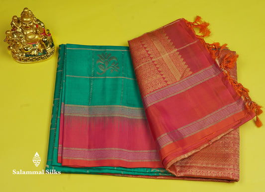 Beautiful Sea Green Pure Kanjivaram Soft Silk Saree With Contrast Pinkish Orange Border