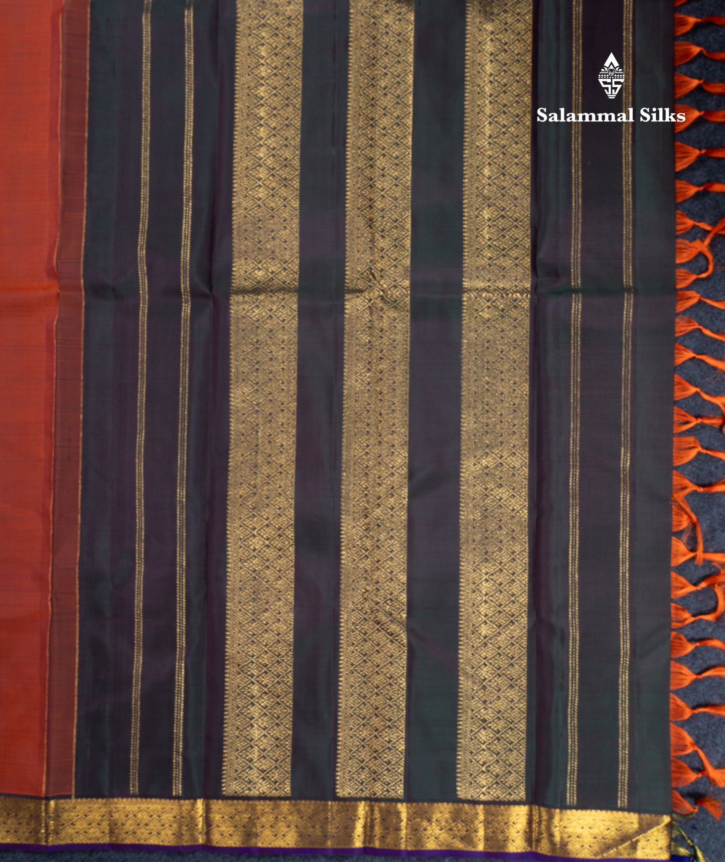 Rust Orange Pure Kanjivaram Silk Saree With Contrast Dark Bottle Green Blouse