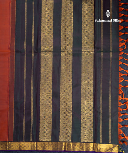 Rust Orange Pure Kanjivaram Silk Saree With Contrast Dark Bottle Green Blouse