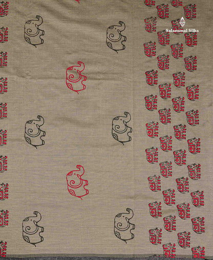 South Cotton Saree - Grey Sandal Printed Saree With Contrast Tomato Red Blouse