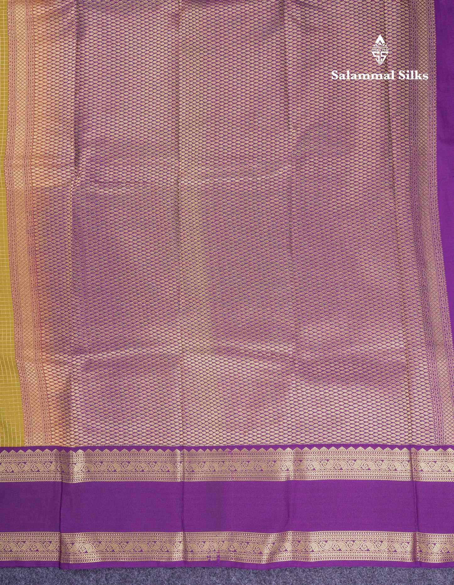Beautiful Manthulir Yellow Checks Semi Silk Saree With Contrast Dark Purple Traditional Rettapet Border
