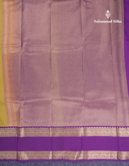 Beautiful Manthulir Yellow Checks Semi Silk Saree With Contrast Dark Purple Traditional Rettapet Border