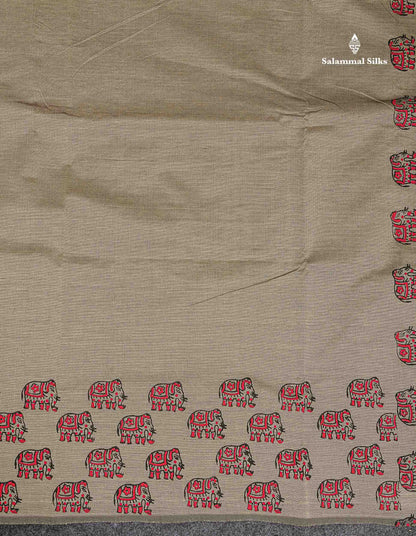 South Cotton Saree - Grey Sandal Printed Saree With Contrast Tomato Red Blouse