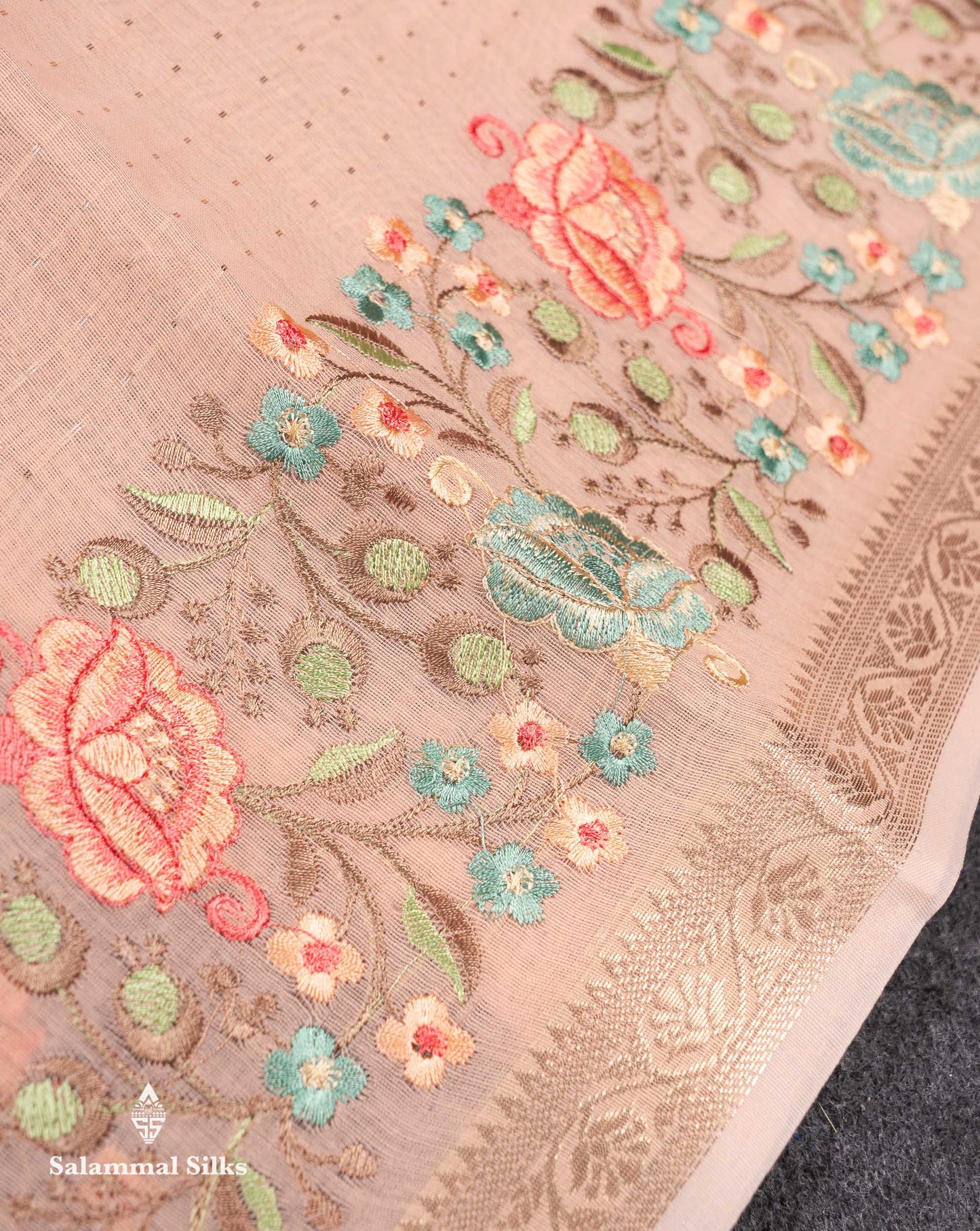 Beautiful Pastel Blue Zari Lines Cotton Mix Fancy Saree With Embroidery Floral Design & Small Zari Border