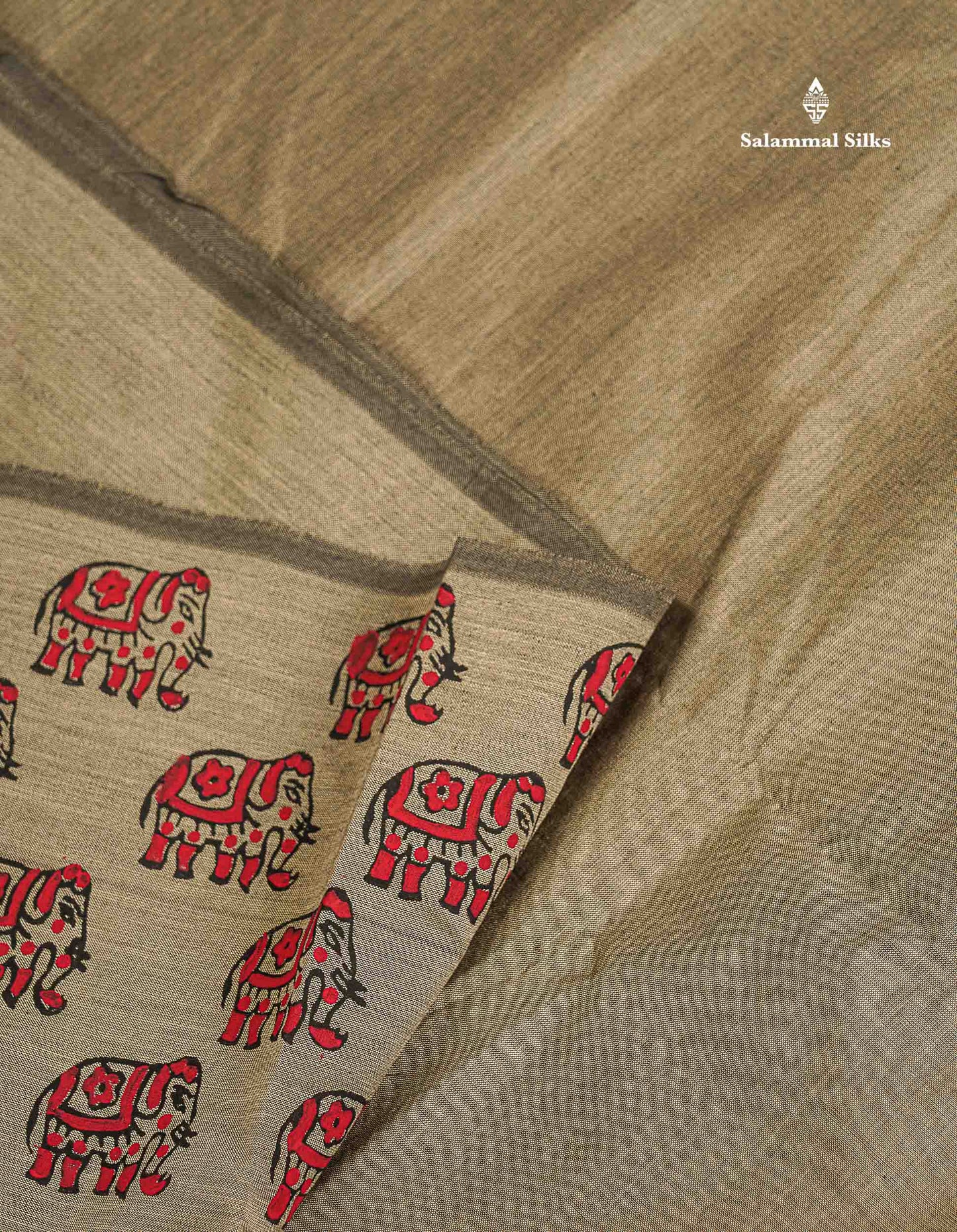 South Cotton Saree - Grey Sandal Printed Saree With Contrast Tomato Red Blouse