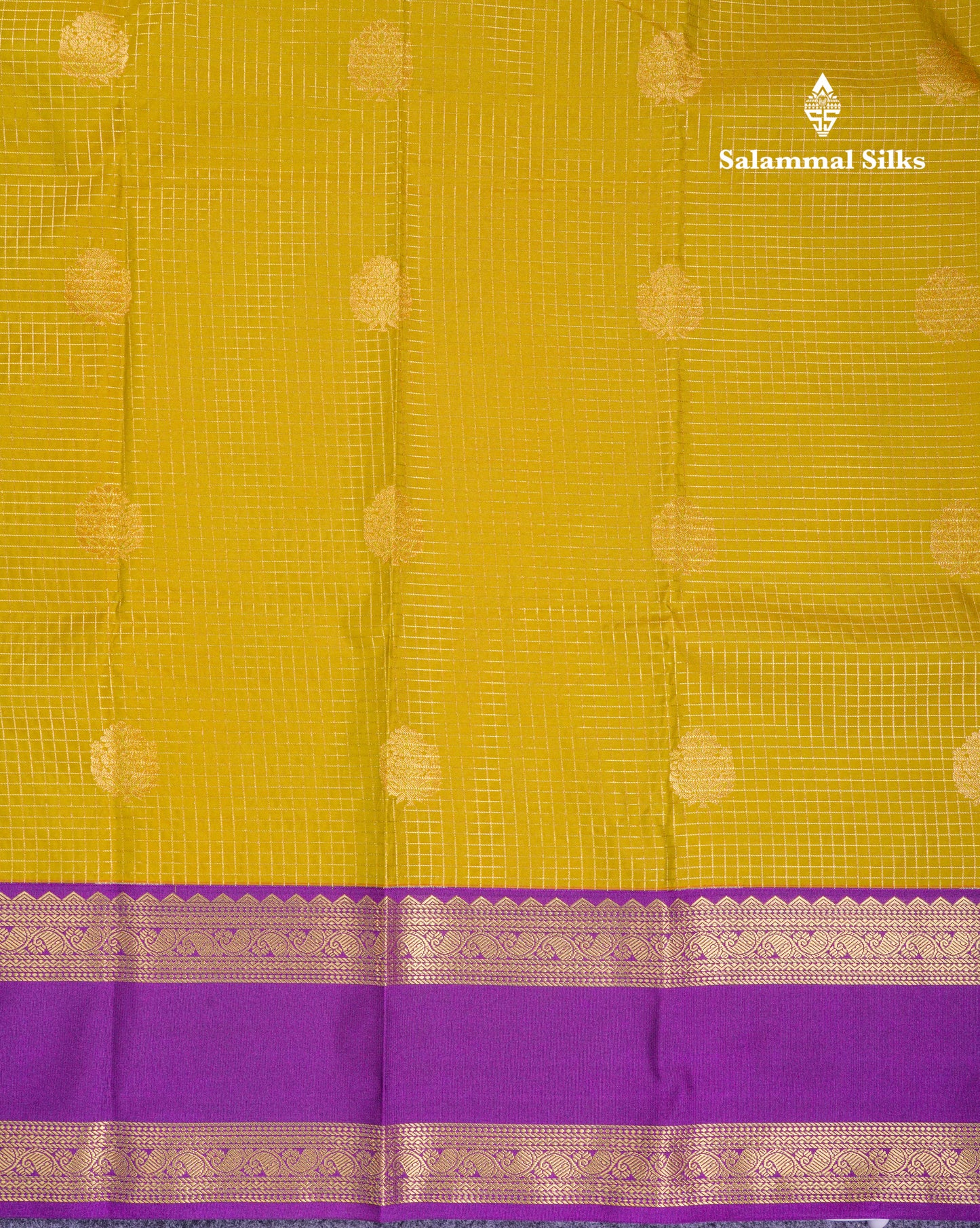 Beautiful Manthulir Yellow Checks Semi Silk Saree With Contrast Dark Purple Traditional Rettapet Border