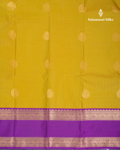Beautiful Manthulir Yellow Checks Semi Silk Saree With Contrast Dark Purple Traditional Rettapet Border