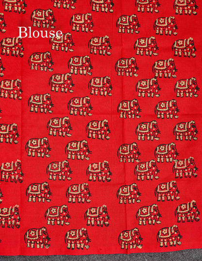 South Cotton Saree - Grey Sandal Printed Saree With Contrast Tomato Red Blouse