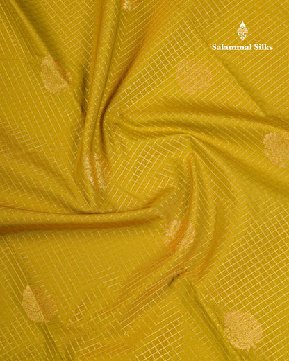 Beautiful Manthulir Yellow Checks Semi Silk Saree With Contrast Dark Purple Traditional Rettapet Border