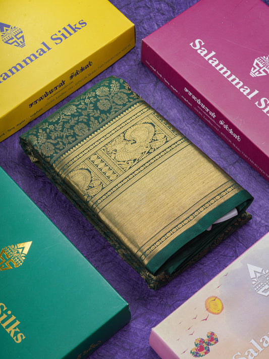 Bottle Green Colour Kanjivaram 2G Zari Pure Silk Saree With Traditional Border