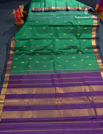 Olive Mustard Yellow Pure Kanjivaram Silk Saree With Contrast Dark Purple Traditional Border