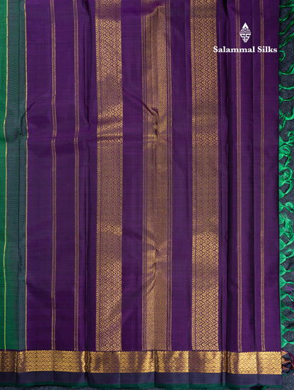 Olive Mustard Yellow Pure Kanjivaram Silk Saree With Contrast Dark Purple Traditional Border