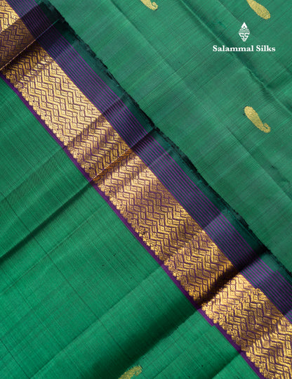 Olive Mustard Yellow Pure Kanjivaram Silk Saree With Contrast Dark Purple Traditional Border