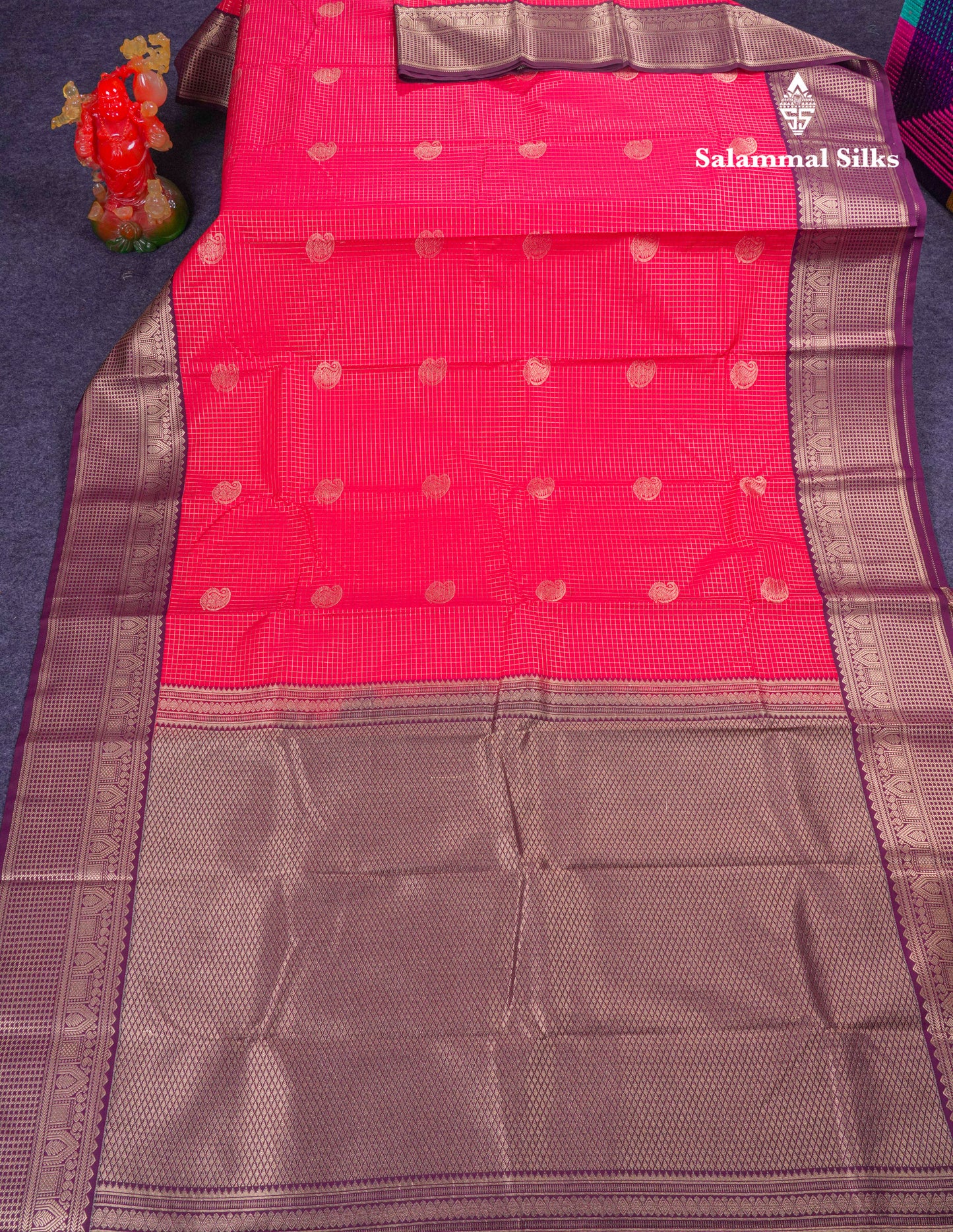 Beautiful Reddish Pink Checks Semi Silk Saree With Contrast Dark Magenta Traditional Border