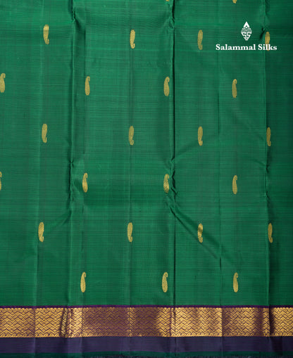 Olive Mustard Yellow Pure Kanjivaram Silk Saree With Contrast Dark Purple Traditional Border
